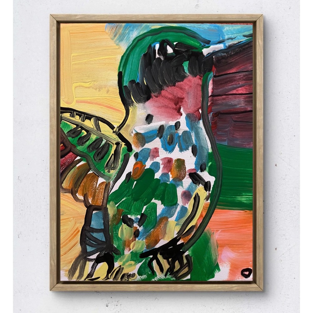 OMAN Original Abstract Hummingbird Painting 8x10 Framed Canvas Wall Art